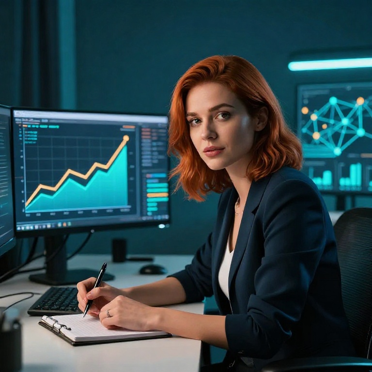 Уверенный SEO-специалист в современном офисе анализирует данные на экранах с абстрактными графиками роста.